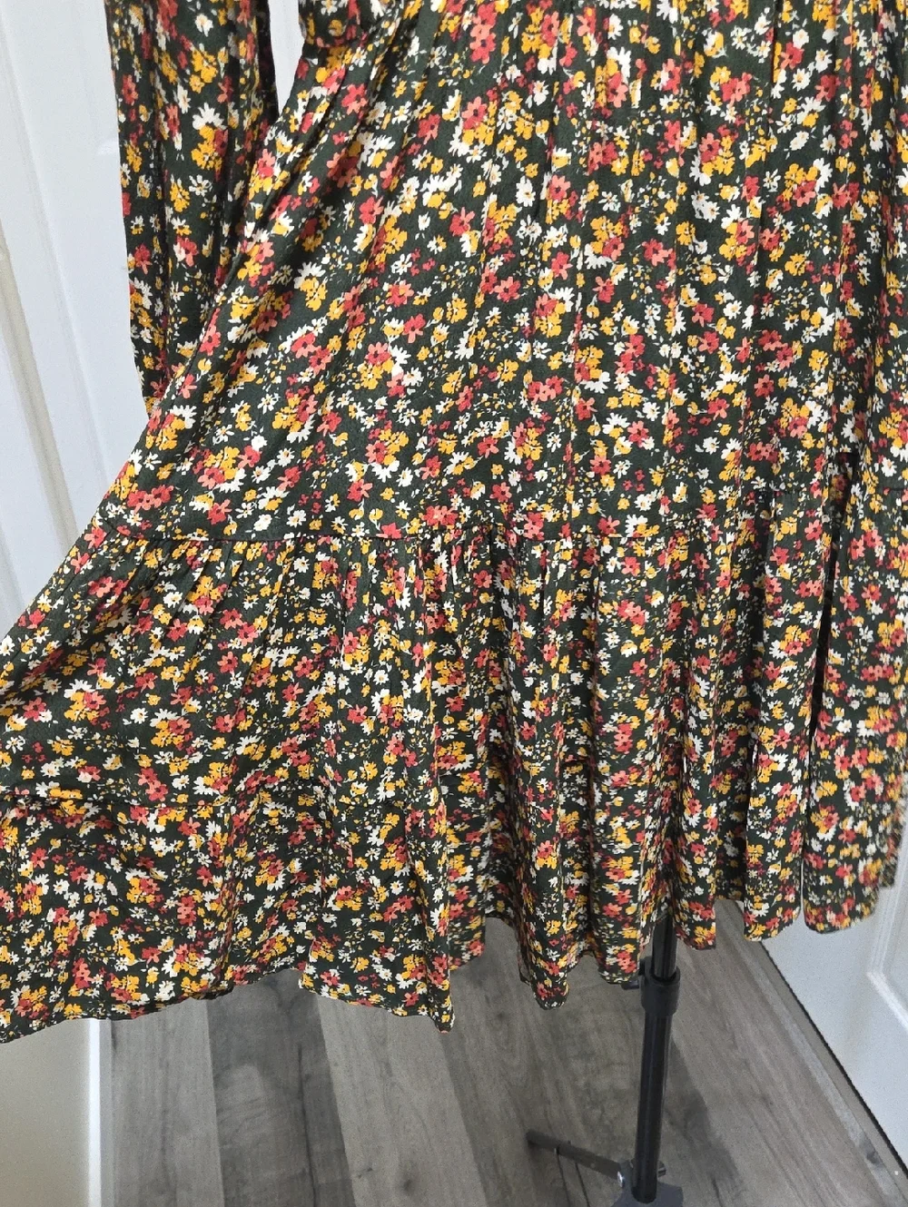 NWT APRICOT Black Floral V-Neck Smock Waist Long Sleeve Mini Dress Boho - Picture 7 of 9